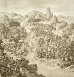 Det första slaget mellan den kinesiska armén och eleuthernas armé 1759, detalj av striderna över floden, platta 10 från en serie tryck som föreställer Qianlongs, kejsarens, erövringar.
